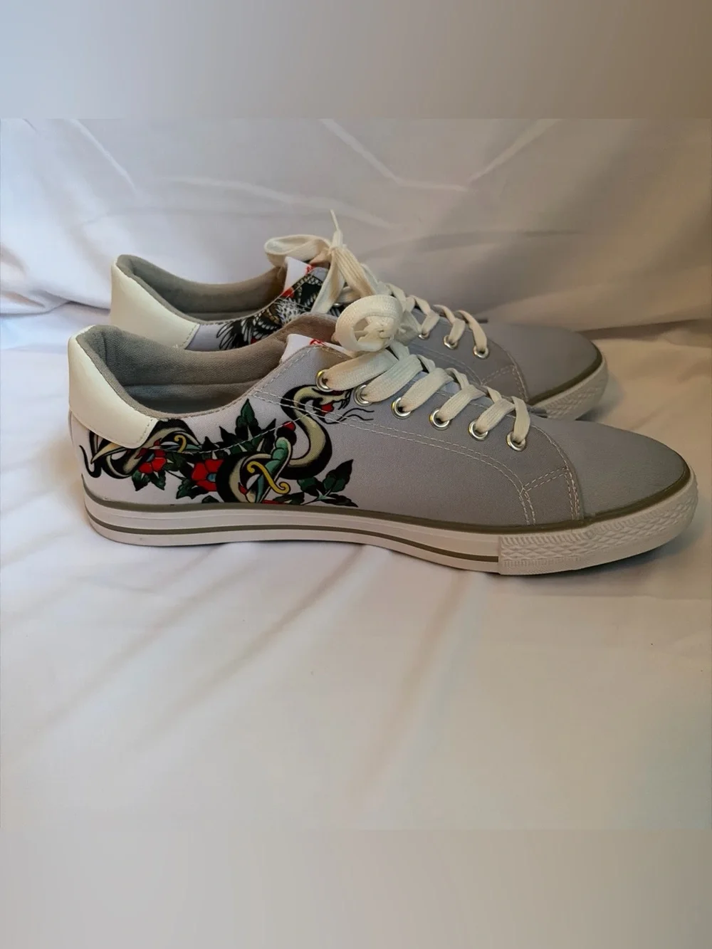 Ed Hardy Men’s Light Gray Canvas Sneakers with Red Logo